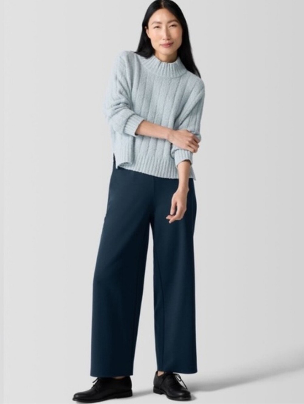 Eileen Fisher Organic Cotton Cashmere Soft Blue Ribbed Mock Neck Sweater XL